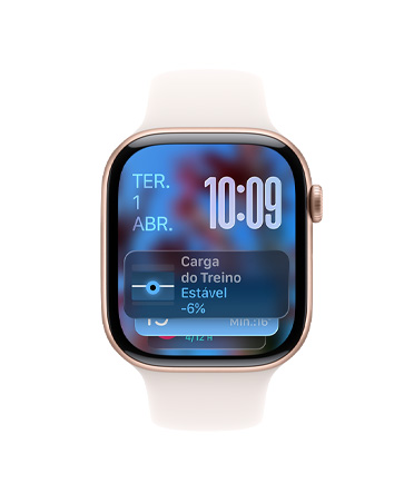 Apple Watch Series 11 com caixa cor de ouro rosa de alumínio e pulseira esportiva blush-clara, dica do Conjunto Inteligente