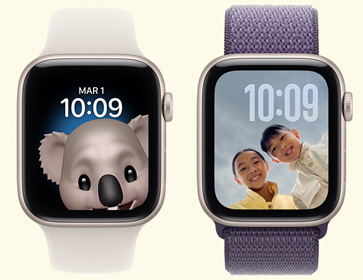 Cadrans ludiques, cadran 1 : Memoji d’un koala, heure située au centre en haut de l’écran, cadran 2 : Photos, heure située dans le coin supérieur droit