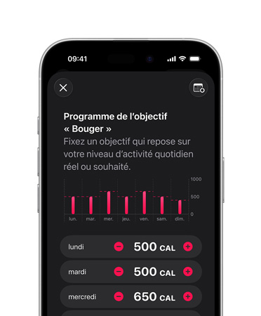 Horaire détaillé de l’objectif Bouger quotidien affiché sur un iPhone 17