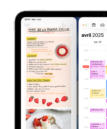 iPad, orientation paysage, la portion supérieure gauche de l’écran montre les apps Notes et Calendrier, placées côte à côte, pour illustrer les fenêtres en mosaïque