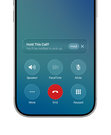 iPhone, bottom half of screen shows an active call with the new Hold Assist option and a Hold button notification