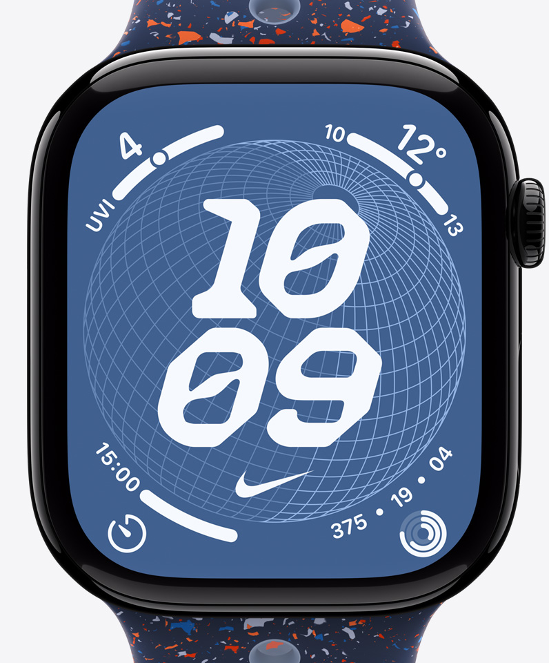 Ciferník Nike Globe, čas, logo Nike, komplikace: UV index, počasí, minutka, kroužky aktivity