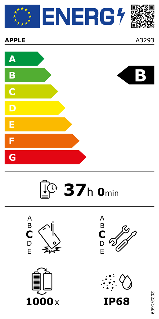 QR kód a informace na energetickém štítku EU, model Apple A3293, třída B, třídy energetické účinnosti (se stupnicí od A do G), A (nejvyšší účinnost) až G (nejnižší účinnost), výdrž baterie na jeden cyklus, 37 hodin a 0 minut na plné nabití baterie, třída spolehlivosti při opakovaném volném pádu C, A (nejvyšší odolnost) až E (nejnižší odolnost), třída opravitelnosti C, A (nejlepší opravitelnost) až E (nejhorší opravitelnost), životnost baterie 1000 cyklů, stupeň ochrany proti vniknutí prachu a vody (IP) IP68, nařízení 2023/1669