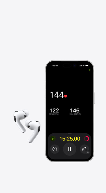 Linker und rechter Kopfhörer neben einem iPhone mit dem Herzfrequenzmesser auf dem Display