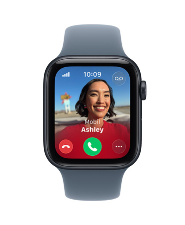 Apple Watch SE 3, Aluminiumgehäuse, Farbe Mitternacht, eingehender Anruf, Kontaktfoto, Tasten zum Annehmen und Ablehnen von Anrufen, rechte Seitenansicht, Digital Crown, Sportarmband, Farbe Nebelviolett