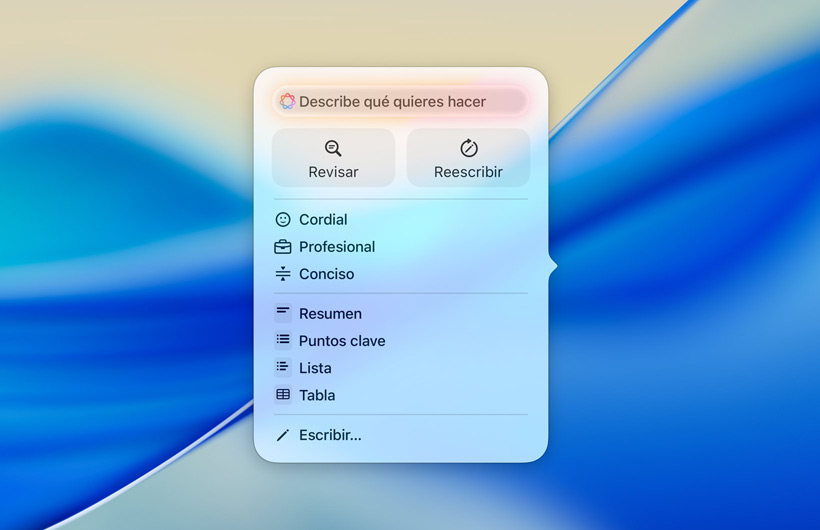 La interfaz de Herramientas de Escritura con un campo de texto donde añadir instrucciones, botones para revisar y reescribir, distintos registros para cambiar el tono del texto y opciones para ver un resumen, los puntos clave, una tabla o una lista