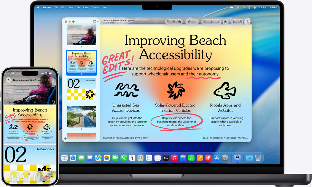 Un iPhone et un MacBook côte à côte illustrant la fonctionnalité de recopie sur le MacBook. Widgets Calendrier et Notes au sommet de l’écran, apps en bas.