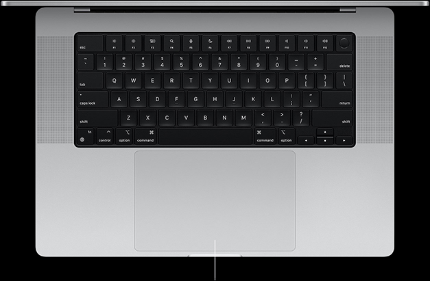 Κάτοψη ενός ανοιχτού MacBook Pro 16 ιντσών που δείχνει το Force Touch trackpad κάτω από το πληκτρολόγιο