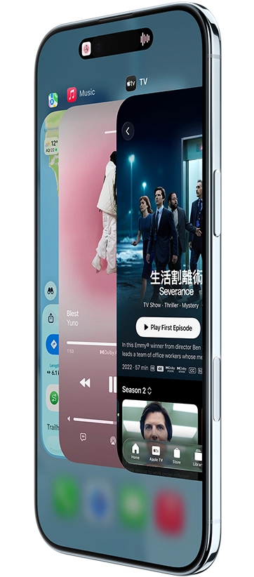 iPhone Air, front exterior, side exterior, with Maps, Music, and Apple TV+ apps, showcasing the App Switcher feature in use