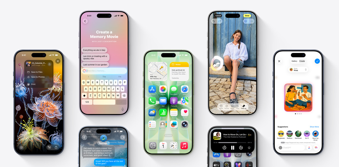 Niz iPhonea 17 i 17 Pro uređaja, svaki s različitim zaslonom koji prikazuje iOS 26 i značajke Apple Intelligencea