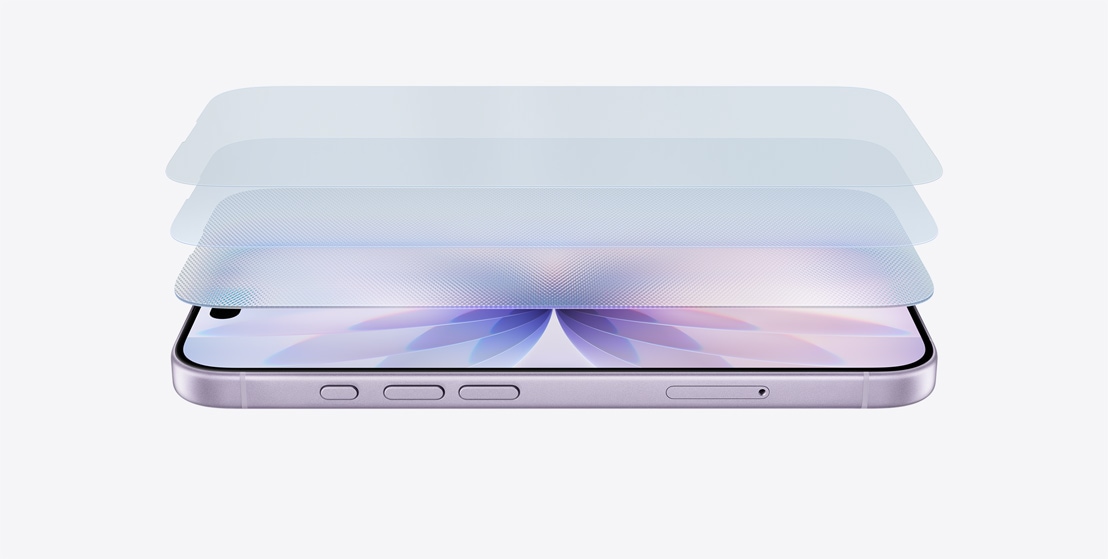 Hátára fektetett levendulaszínű iPhone 17, felette a Ceramic Shield 2 előlap rétegei lebegnek egymástól szétválasztva.