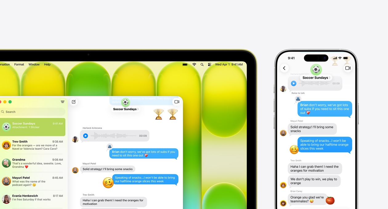 Egy MacBook Neo kijelzőjén egy telefonhívás és az Üzenetek alkalmazás látható egy közös túra szervezéséről szóló üzenetváltással, a laptop mellett egy iPhone, amelyen ugyanez a beszélgetés látszik az Üzenetek appban.