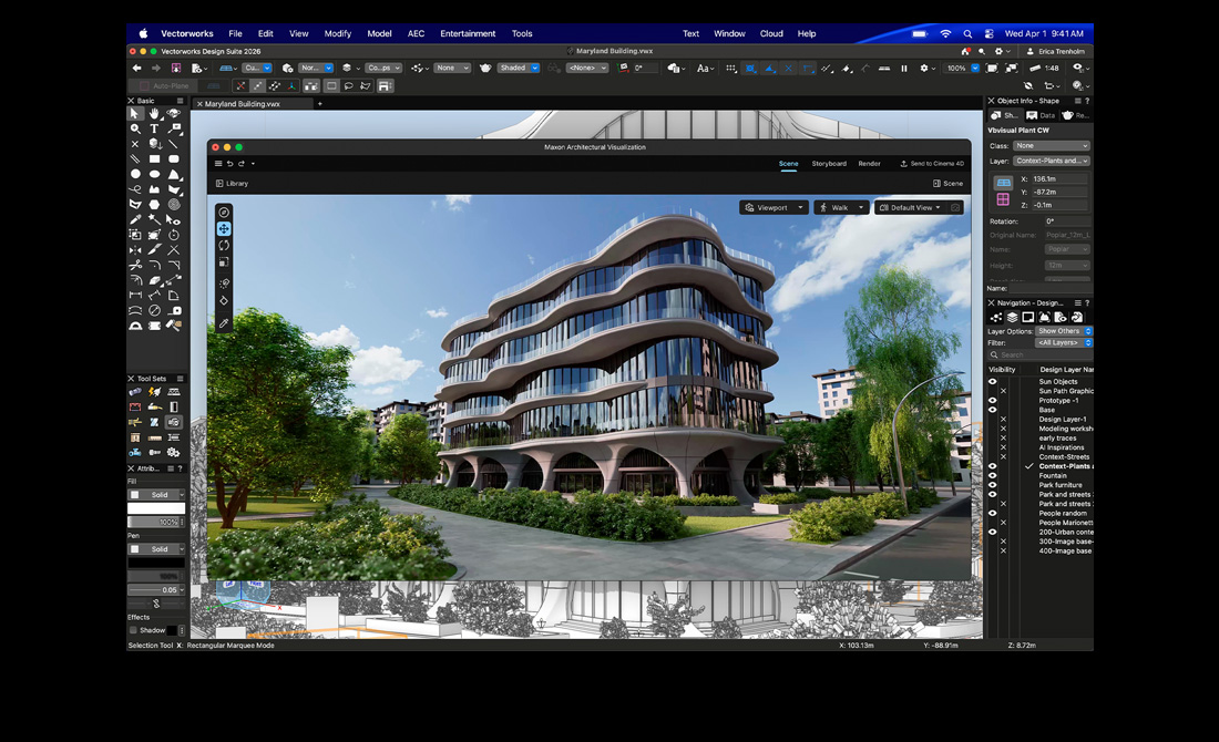Egy MacBook Pro kijelzőjén a Vectorworks Design Suite látszik a Maxon Redshifttel