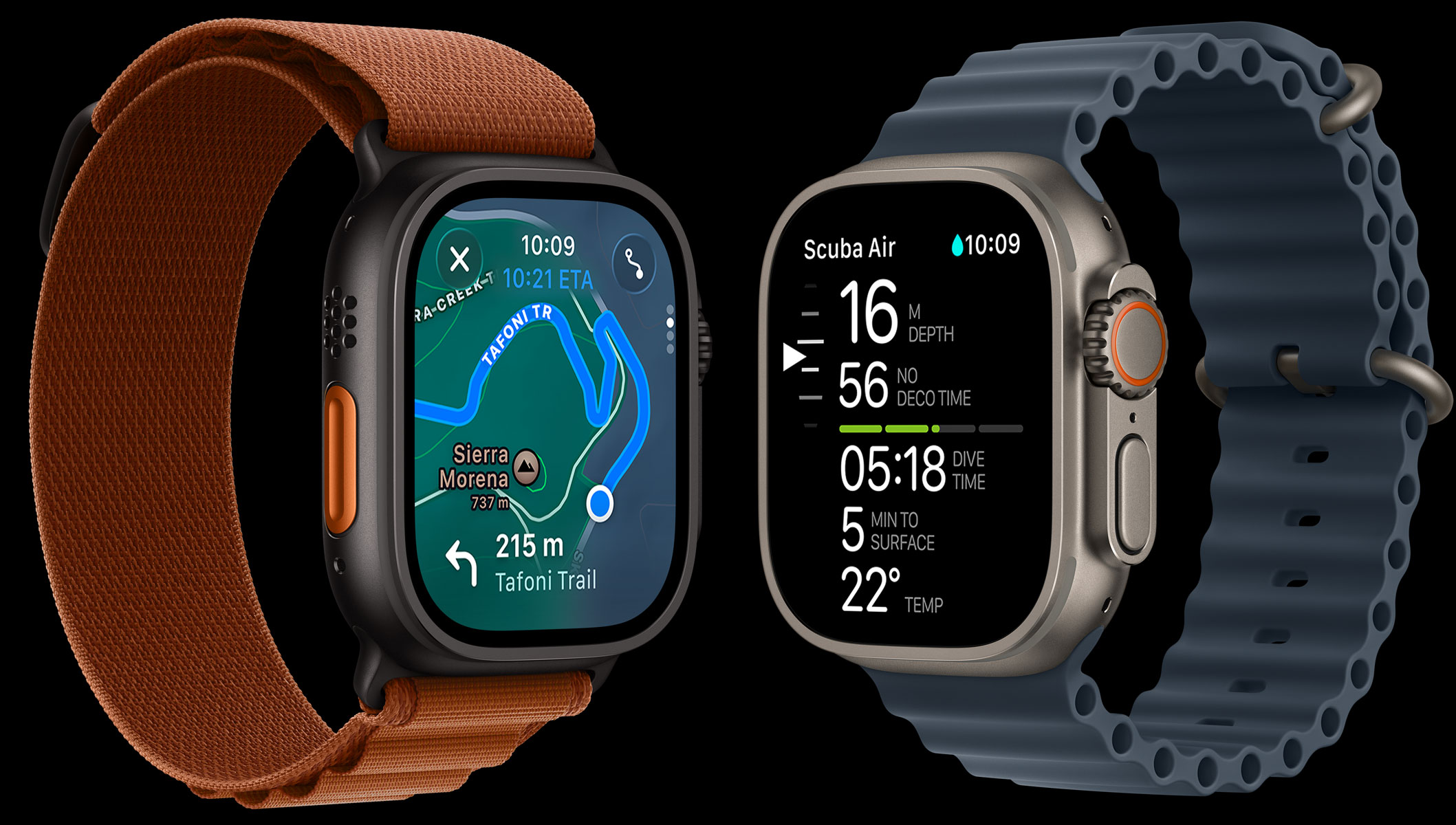 Apple Watch Ultra 3 devices, titanium cases, black and natural colours, trail map, diving metrics, straps, Alpine Loop, terra cotta colour, Ocean Band anchor blue colour