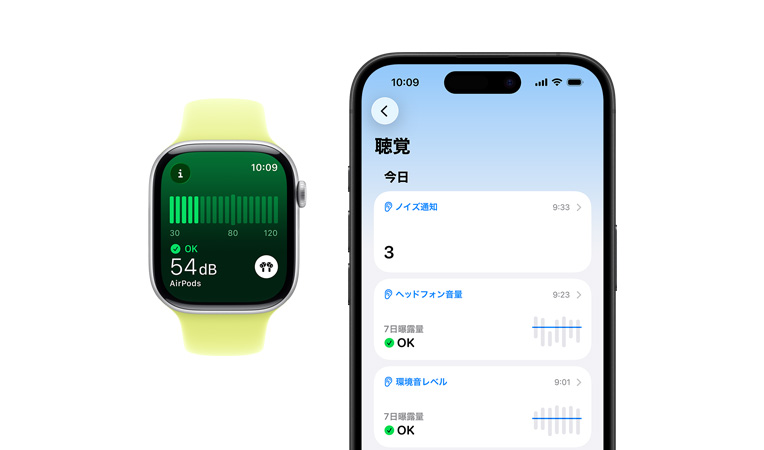 Apple Watch Series 11、アルミニウムケース、カラーはシルバー、ノイズアプリ、ネオンイエロースポーツバンド、ペアリングしたiPhone上で聴覚に関する日ごとの詳しい要約が開かれている