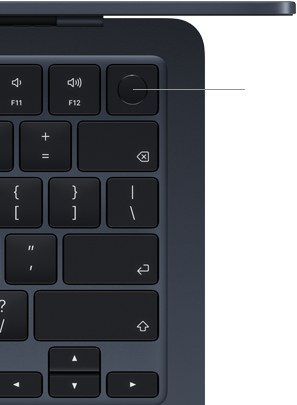 „MacBook Air“ klaviatūra, viršutinė dešinioji dalis, demonstruojama „Touch ID“ mygtuko vieta