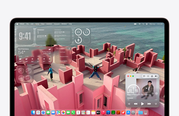 Écran d’un MacBook Neo personnalisé avec un fond d’écran représentant un patio en terrasse face à la mer et divers widgets comme Musique, Calendrier, Météo et Rappels