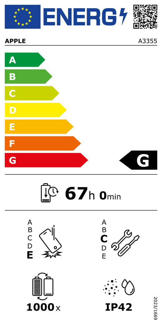ES energomarķējuma QR kods un informācija, Apple modelis A3355, G klase, energoefektivitātes klases (sistēmā no A līdz G), no A (visefektīvākā) līdz G (visneefektīvākā), akumulatora izturība vienā ciklā, 67 stundas un 0 minūtes ar pilnībā uzlādētu akumulatoru, vairākkārtējas kritienizturības klase: E, no A (visizturīgākā) līdz E (visneizturīgākā), remontējamības klase: C, no A (visremontējamākā) līdz E (visneremontējamakā), akumulatora cikliskā izturība: 1000, korpusa aizsargātības pret putekļiem un ūdeni pakāpe (IP) IP42, Regula 2023/1669