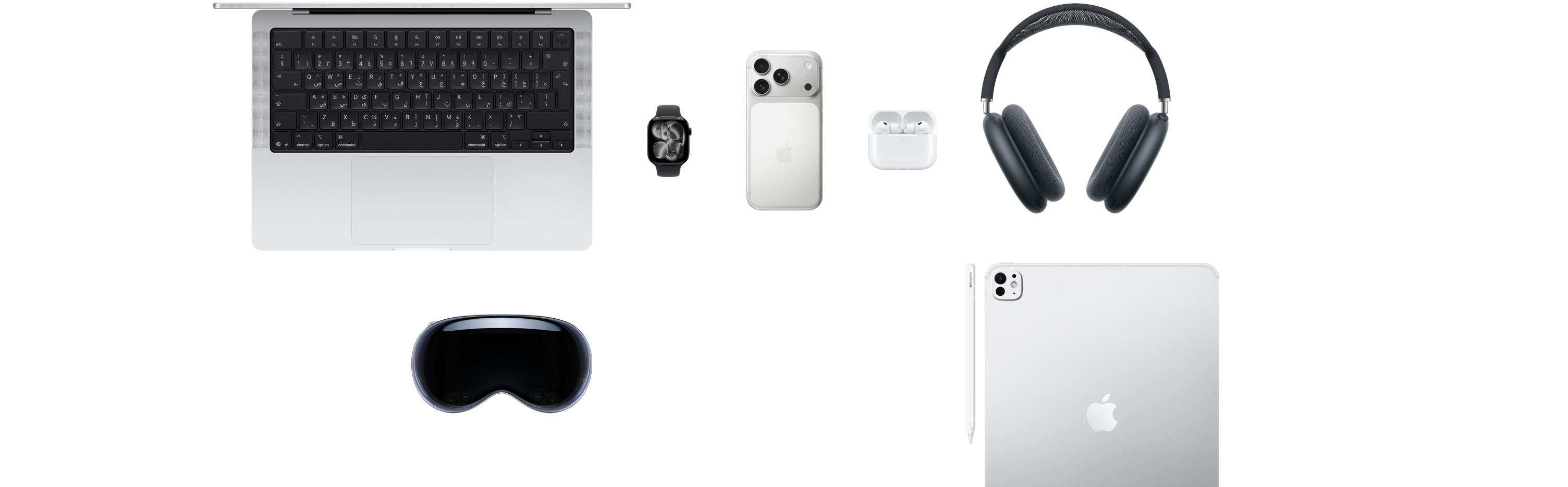 منتجات مختلفة من Apple، تشمل MacBook وApple Watch Series 10 وiPhone 16 Pro وAirPods 4 وAirPods Max وApple Vision Pro وقلم Apple Pro وiPad Pro‏
