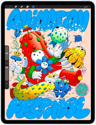 جهاز iPad Air، الجانب الأمامي الخارجي، يعرض تطبيق Procreate، عمل فني رقمي بألوان زاهية يضم شخصيات وعناصر متنوعة