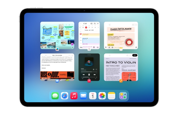 iPad, orientacja pozioma, ekran z widocznymi wieloma aplikacjami, takimi jak Kalendarz i Muzyka w sześciu oknach ułożonych w dwóch rzędach, aby okna były wyświetlone równomiernie.
