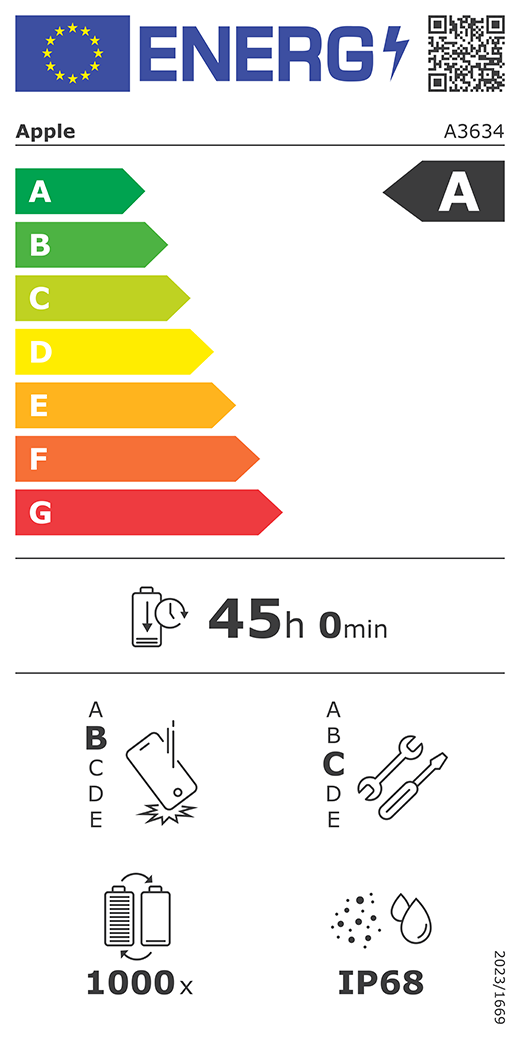 Cod QR și informații privind Eticheta energetică UE, model Apple A3634, clasa A, clase de eficiență energetică (pe o scară de la A la G), de la A (eficiență maximă) la G (eficiență minimă), anduranța bateriei per ciclu, 45 ore și 0 minute la o încărcare completă a bateriei, clasa B de fiabilitate la căderi repetate, de la A (robustețe maximă) la E (robustețe minimă), potențial de reparare clasa C, de la A (potențial de reparare maxim) la E (potențial de reparare minim), 1000 de cicluri de anduranță a bateriei, protecție împotriva pătrunderii prafului și a apei (IP) cu clasificare IP68, regulament 2023/1669