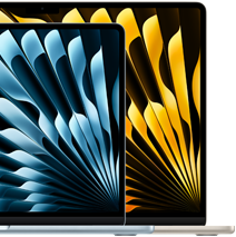 Două laptopuri MacBook Air ce arată dimensiunile relative ale ecranelor: 13,6 inchi și 15,3 inchi, măsurate pe diagonală