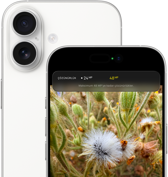 iPhone 17, arkadan dış görünüm, yuvarlatılmış köşeler, sol üst köşede Dual Fusion Kamera Sistemi, beyaz renk, önden dış görünüm, Dynamic Island, yuvarlatılmış köşeler