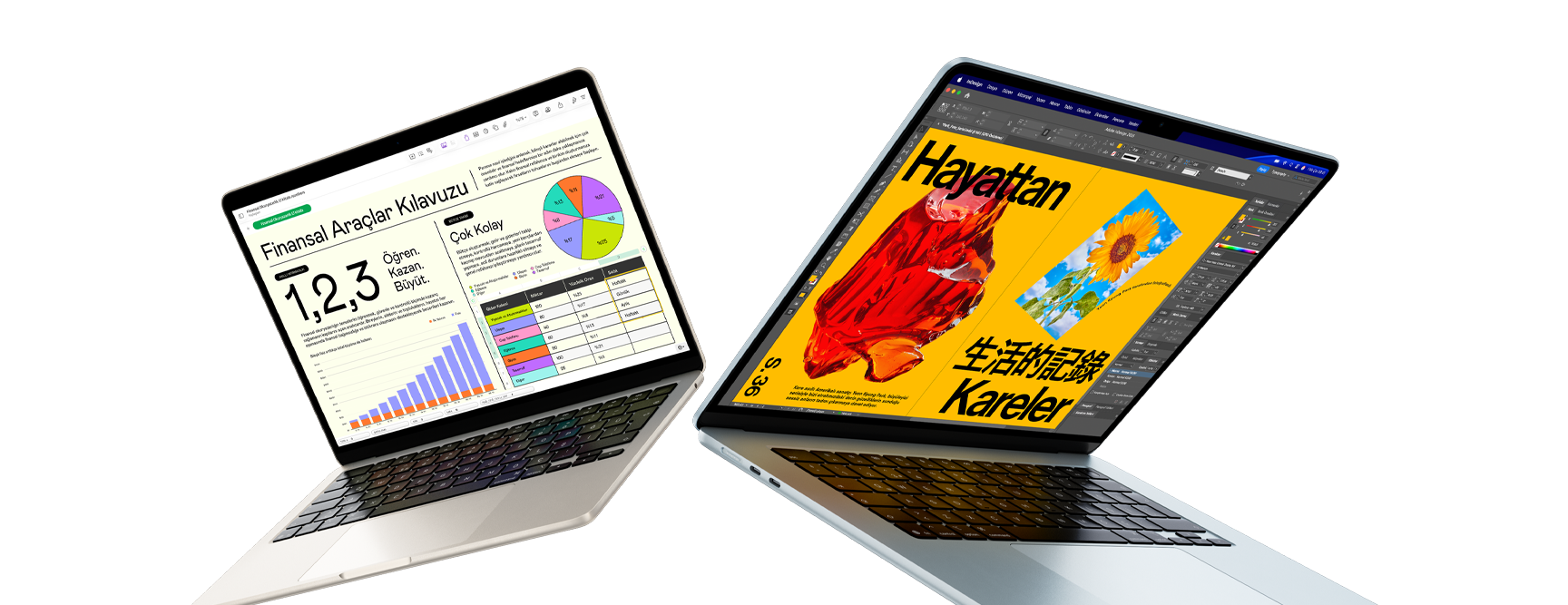 Birinin ekranında Numbers uygulaması, diğerinin ekranında tasarım çalışmaları bulunan 13 inç ve 15 inç MacBook Air laptopların havada süzülen animasyonu