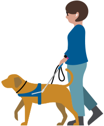 視覚に障がいのある人物がAirPodsを装着して盲導犬と歩いている