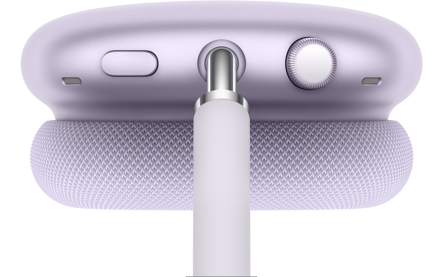 AirPods Max 2 vo fialovej farbe, pohľad zhora, detailný záber na tlačidlo potláčania hluku a transparentný režim