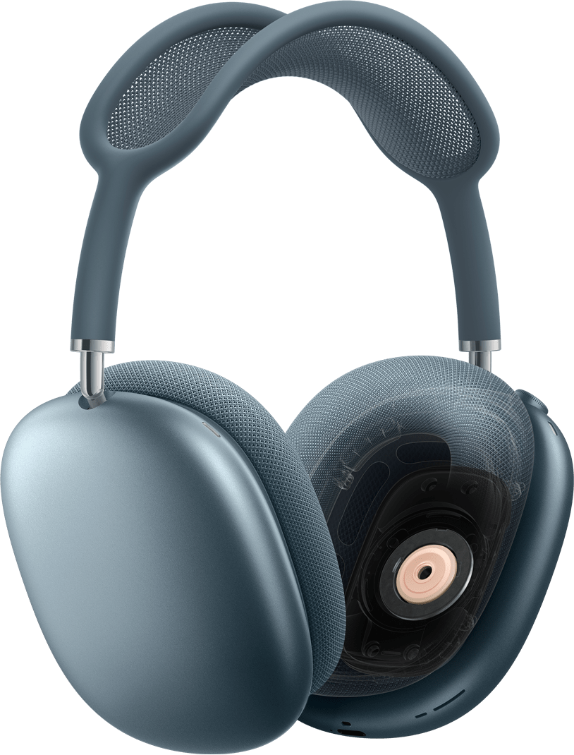 Slúchadlá AirPods Max 2 v modrej farbe, pohľad zboku, prierez technológiou dynamického meniča jedného náušníka