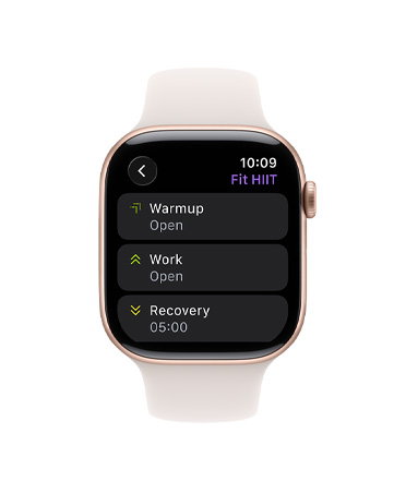 Apple Watch Series 11, rose gold color, aluminum case, Workout app, Custom Workout card, band, light blush Sport Band