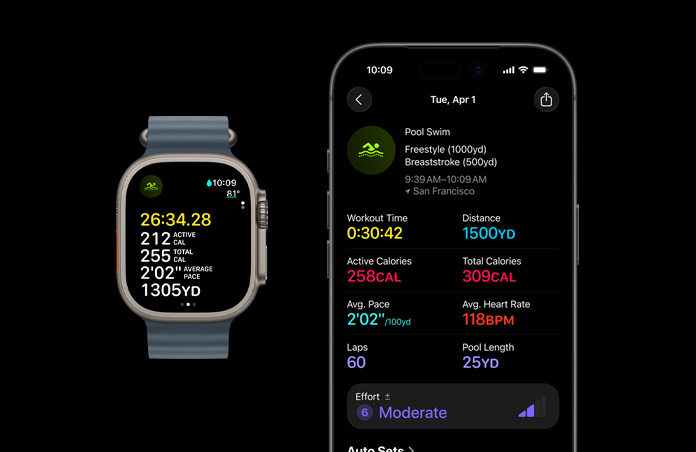 Apple Watch Ultra 3, natural color, titanium case, Ocean Band, anchor blue color, active Swim workout, larger workout metrics breakdown on iPhone