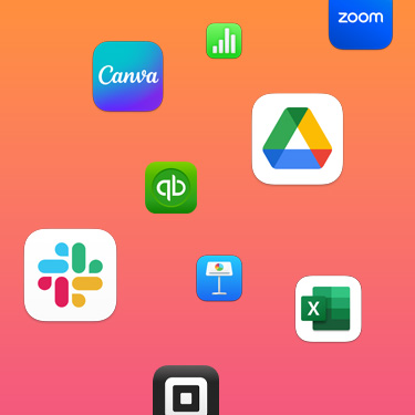 Ikony pracovních aplikací na barevném pozadí, mezi nimi Slack, Canva, Google Workspace, Zoom, Quickbooks, Keynote, Excel, Square a Numbers.