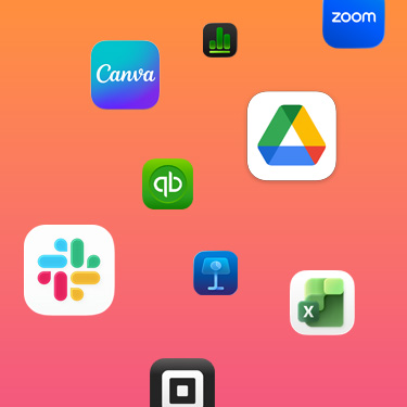 カラフルな背景に、Slack、Canva、Google Workspace、Zoom、Quickbooks、Keynote、Excel、Square、Numbersなど、業務に役立つ様々なアプリのアイコンが表示されている。