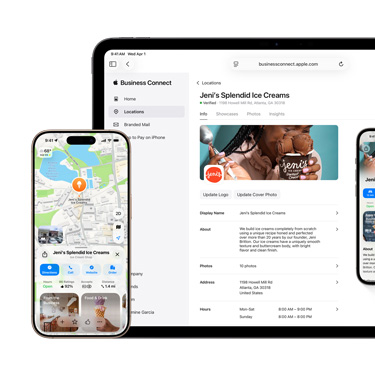 Apple Business Connectプラットフォームが表示されているiPadの正面画面。iPadの左側にあるiPhoneには、Appleマップ上にビジネスの情報が表示されている