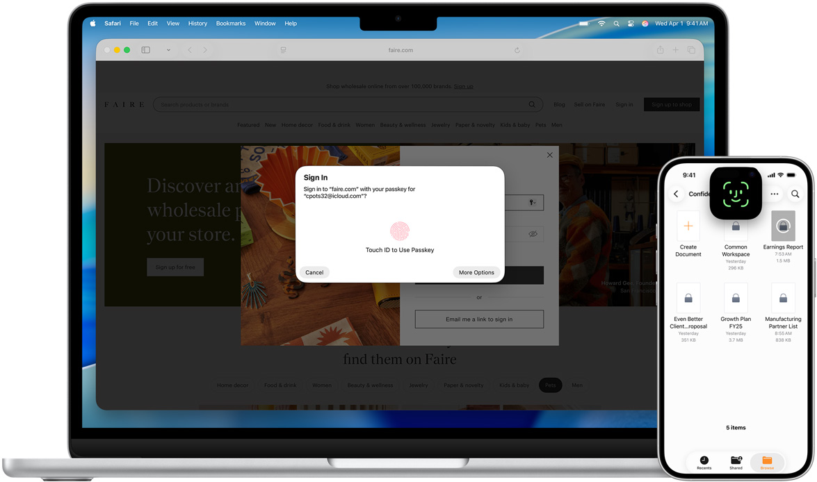 macOS Tahoeの壁紙を背景に、Touch IDのウインドウが表示されたMacBook。MacBookの手前には、Face IDの画面が表示されているiPhoneがある