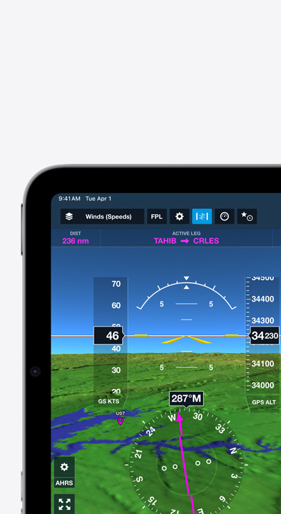 An iPad displays wind speeds on a flight map.