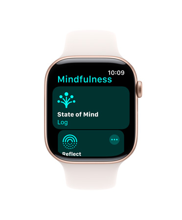 Apple Watch Series 11, aluminum case, rose gold colour, Mindfulness app open, right side: Digital Crown, light blush Sport Band