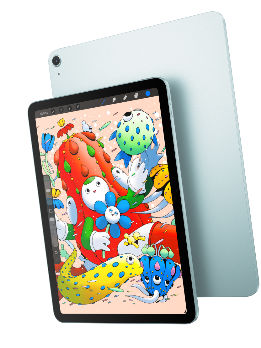 Vue avant d’un iPad Air 11 pouces affichant Procreate, superposé au dos d’un iPad Air bleu