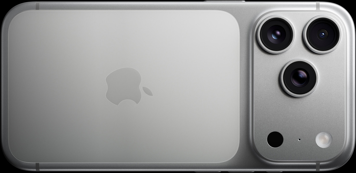 iPhone 17 Pro, srebrni, prikaz vanjskog izgleda stražnje strane uređaja, sustav pro kamera, 3 leće, mikrofon, bljeskalica