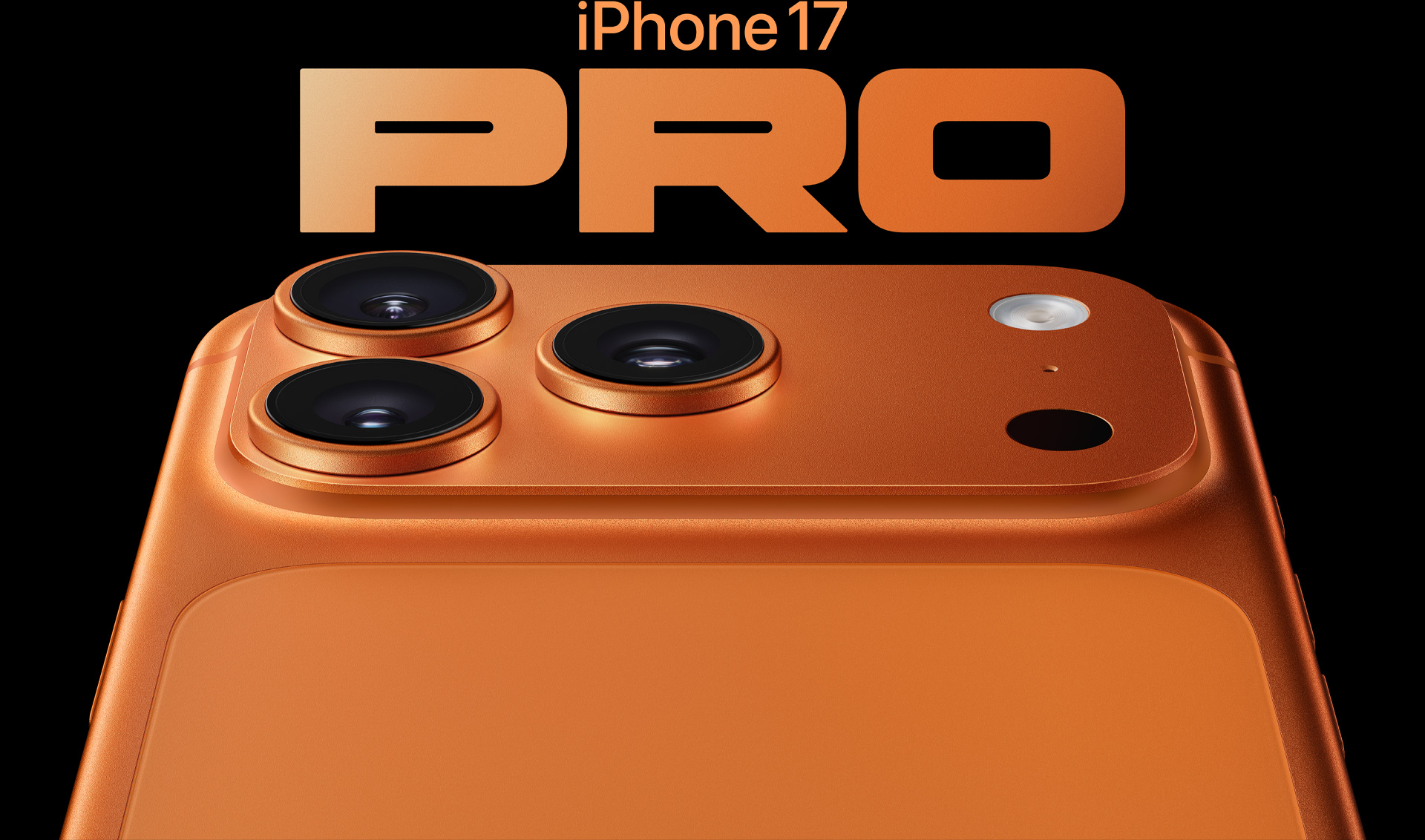 iPhone 17 Pro, kozmički narančasta, djelomičan prikaz stražnjeg izgleda uređaja, sustav pro kamera u gornjem lijevom uglu, 3 leće, mikrofon, bljeskalica