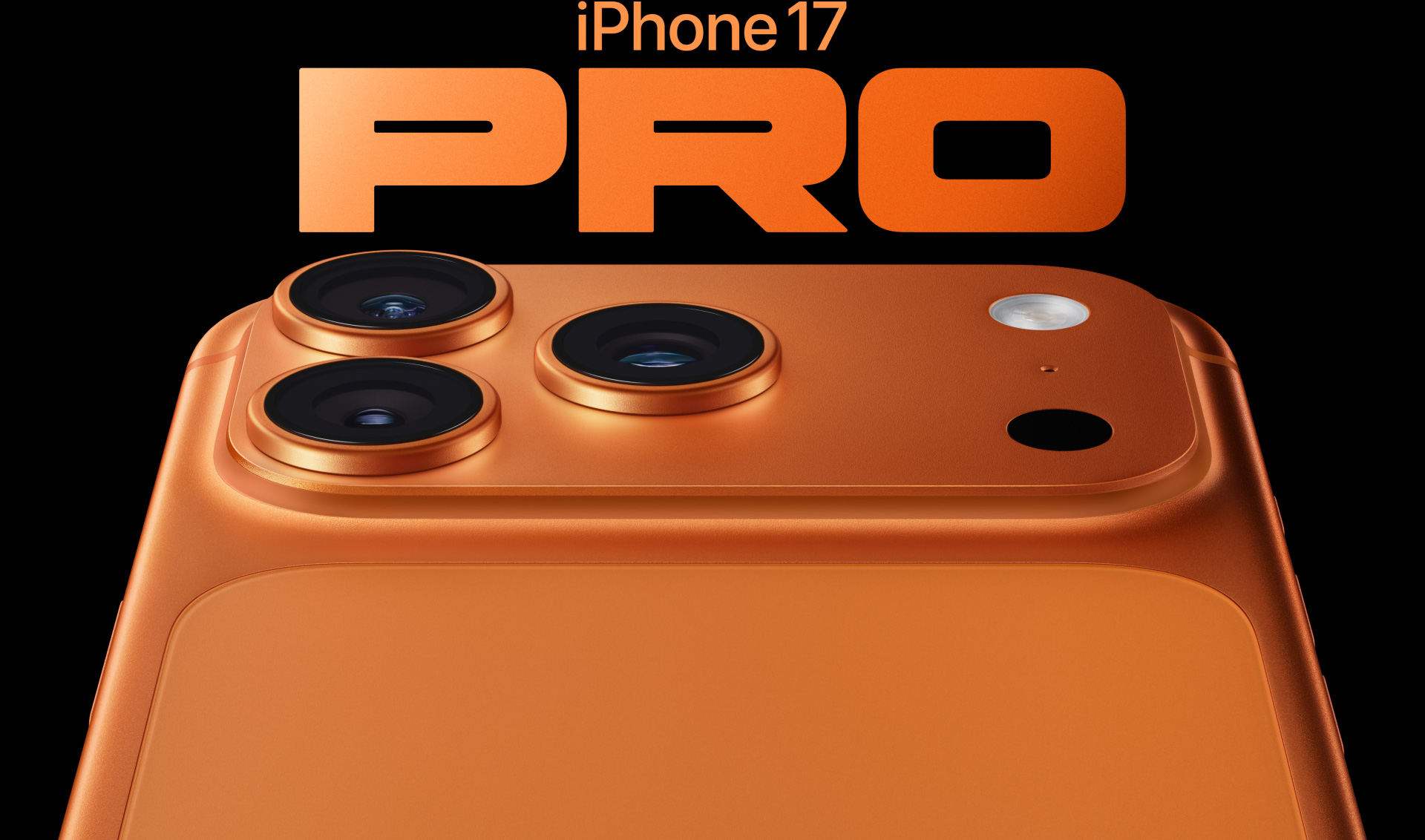 iPhone 17 Pro, boja kozmički narančasta, djelomičan prikaz stražnje vanjske strane, sustav pro kamera u gornjem lijevom kutu, 3 leće, mikrofon, bljeskalica