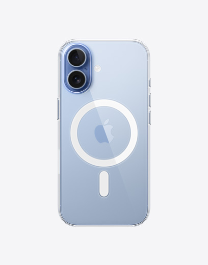 iPhone 17, Rückseite, Clear Case mit MagSafe, Dual Fusion Kamera-System oben links