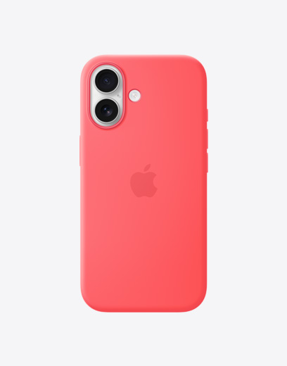 جهاز iPhone 17، الجزء الخارجي الخلفي مع حافظة سيليكون بلون أصفر، نظام كاميرا Fusion المزدوجة في الزاوية العلوية اليسرى، شعار Apple في الوسط