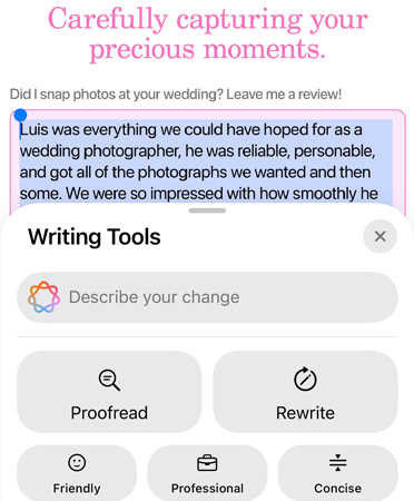 Функцията Инструменти за писане в процес на използване с опциите Proofread, Rewrite, Friendly, Professional и Concise