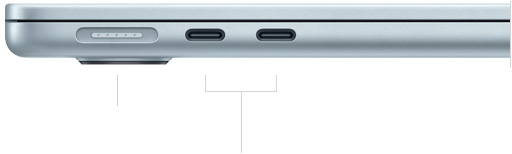 صورة للجهة اليسرى من جهاز MacBook Air وهو مغلق، تعرض منفذ MagSafe مع اثنين من منافذ ثندربولت
