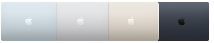 السطح الخارجي لأربعة موديلات من جهاز MacBook Air يبيّن أربعة ألوان مختلفة