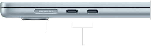 صورة للجهة اليسرى من جهاز MacBook Air وهو مغلق، تعرض منفذ MagSafe مع اثنين من منافذ ثندربولت